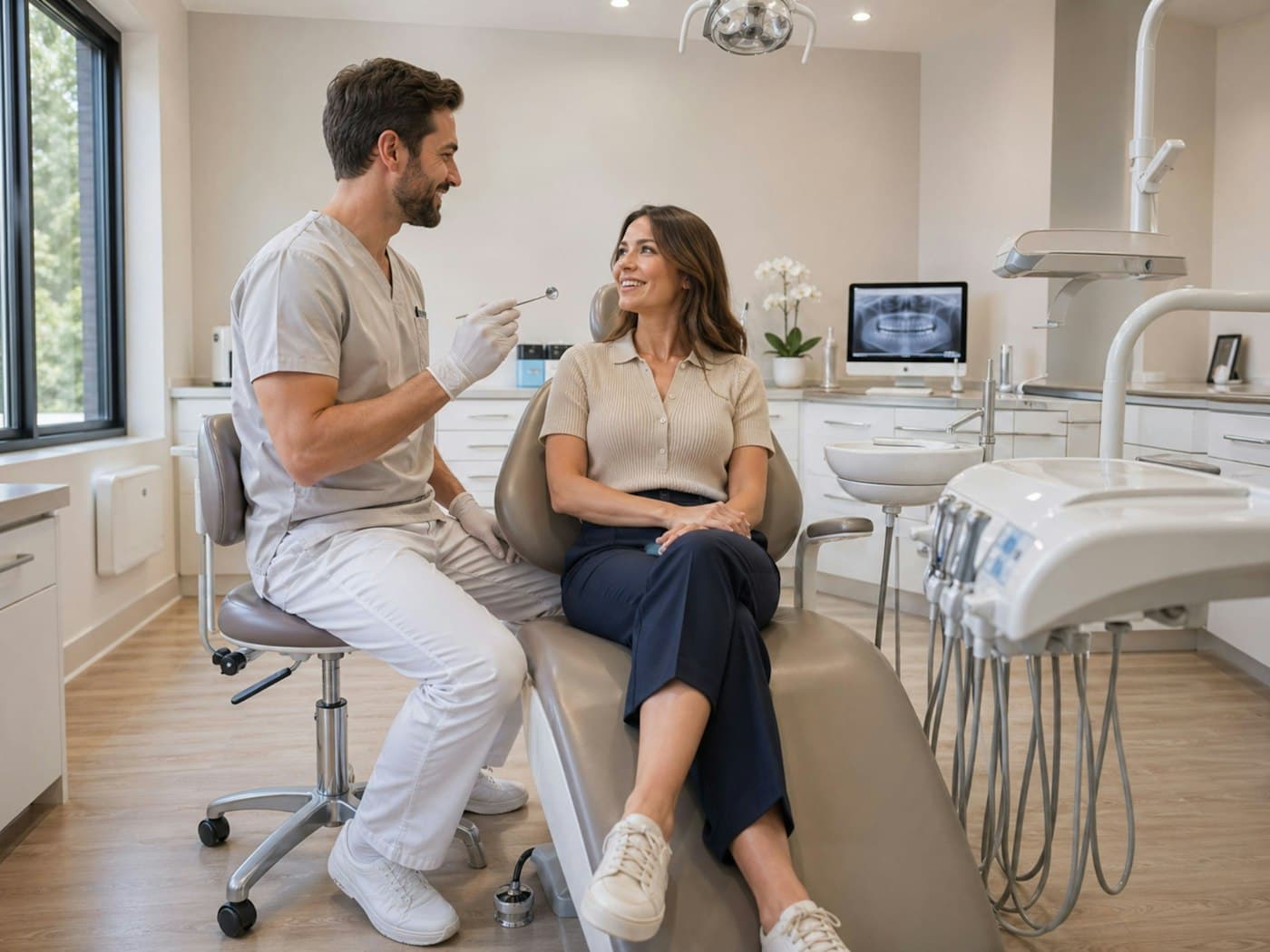A dentist in conversation with a smiling patient in a bright modern operatory