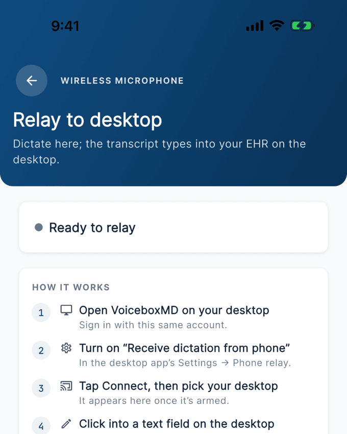 VoiceboxMD phone relay screen showing dictation typing into the EHR on the desktop
