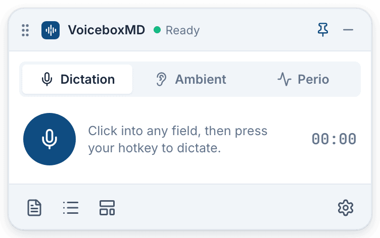 The VoiceboxMD floating widget on macOS: Dictation, Ambient, and Perio modes with a ready microphone