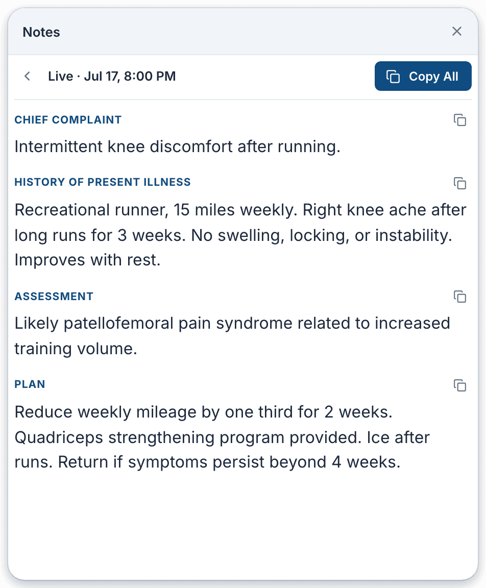A structured SOAP note in the VoiceboxMD desktop app: chief complaint, HPI, assessment, and plan, each with a copy button