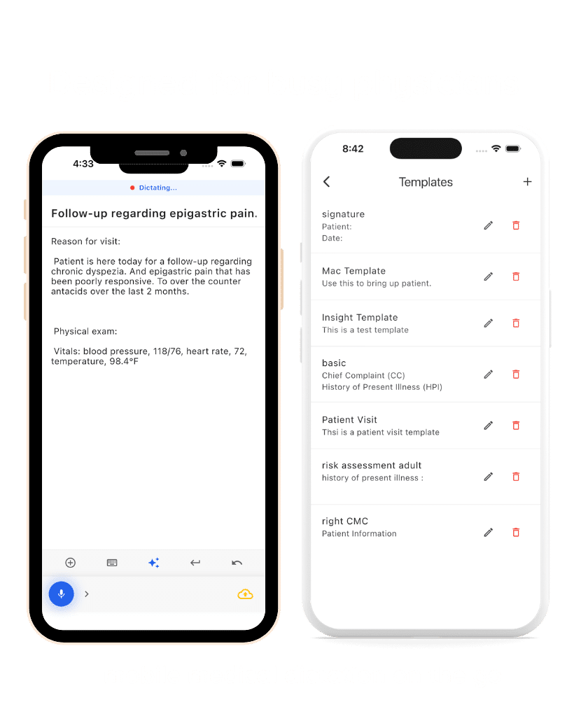 VoiceboxMD mobile app for iPhone showing AI medical dictation and SOAP note templates for physicians